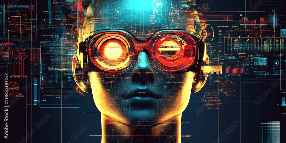 Poster Futuristic Digital Concept with Illuminated Goggles and Data Interface : Generative AI