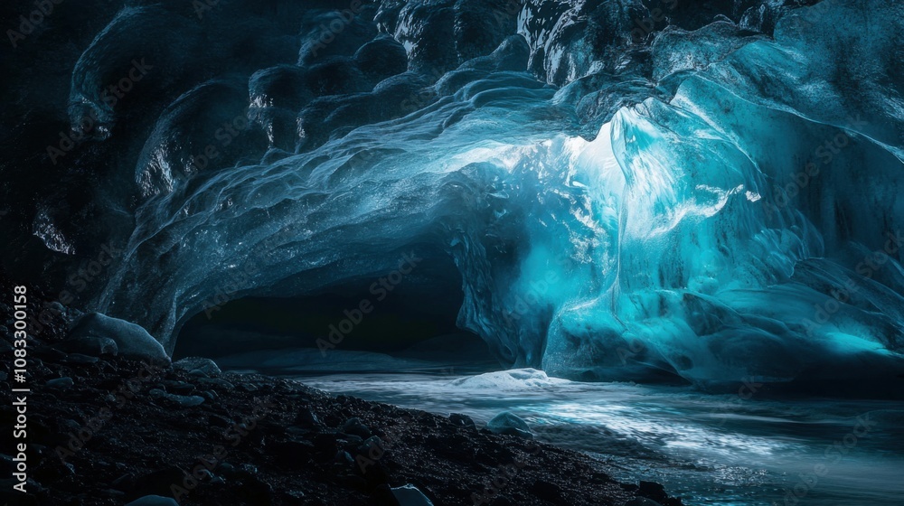 Poster a surreal perspective of an ice cave illuminated by natural light filtering through glacier walls, i