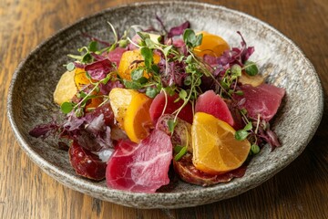 Fresh Beet Salad with Orange Slices and Microgreens in a Rustic Bowl for a Healthy and Vibrant Dish