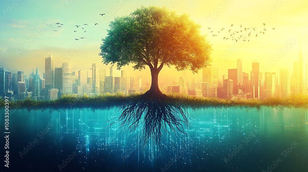Poster Tree of Life with Roots and Skyline Blending Nature and Technology : Generative AI