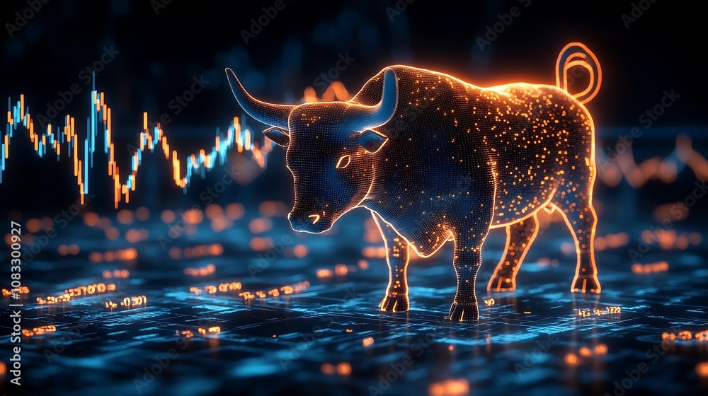 Poster glowing digital bull with neon lights on financial graph background : generative ai