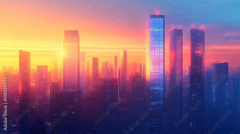Aufkleber vibrant cityscape at dusk with illuminated skyscrapers and colorful sky : generative ai