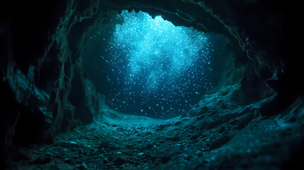 A glimmer of hope: exploring the depths of a bioluminescent underwater cave. Subterranean. Illustration