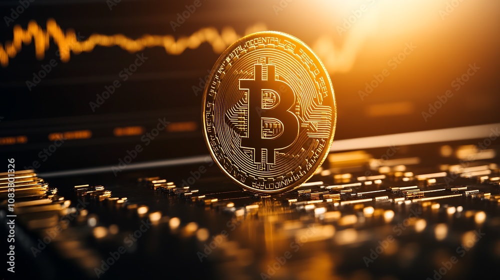 Poster shiny bitcoin with financial chart highlighting cryptocurrency trends : generative ai