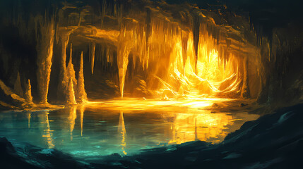 Fototapeta premium A stunning underground cave with shimmering stalactites and stalagmites, illuminated by soft golden light reflecting off a calm subterranean lake. Subterranean. Illustration