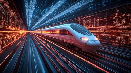 Fototapeta premium Futuristic High-Speed Train Zooming Through Digital Tunnel : Generative AI