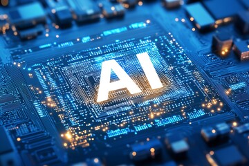 Fototapeta premium Advanced AI Chip Circuit Board with Glowing Tech Elements : Generative AI