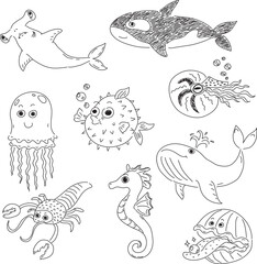 Fototapeta premium sea creatures drawn with black pen hammerhead shark, killer whale, jellyfish, puffer fish, nautilus, lobster, seahorse, whale, shell with pearl set