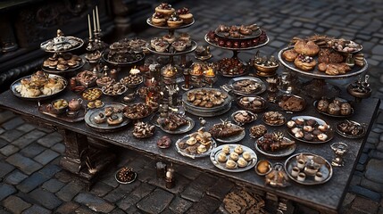 A lavish display of assorted pastries and desserts arranged on multiple tables.