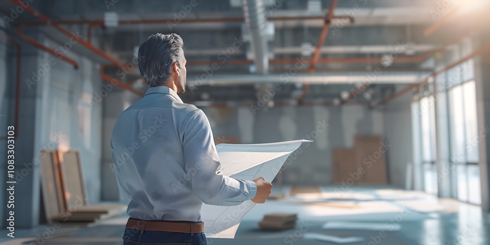 Poster Architect Analyzing Building Plans in Large Construction Workspace : Generative AI