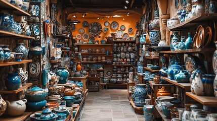 A narrow, well-lit shop filled with colorful pottery and ceramic goods.