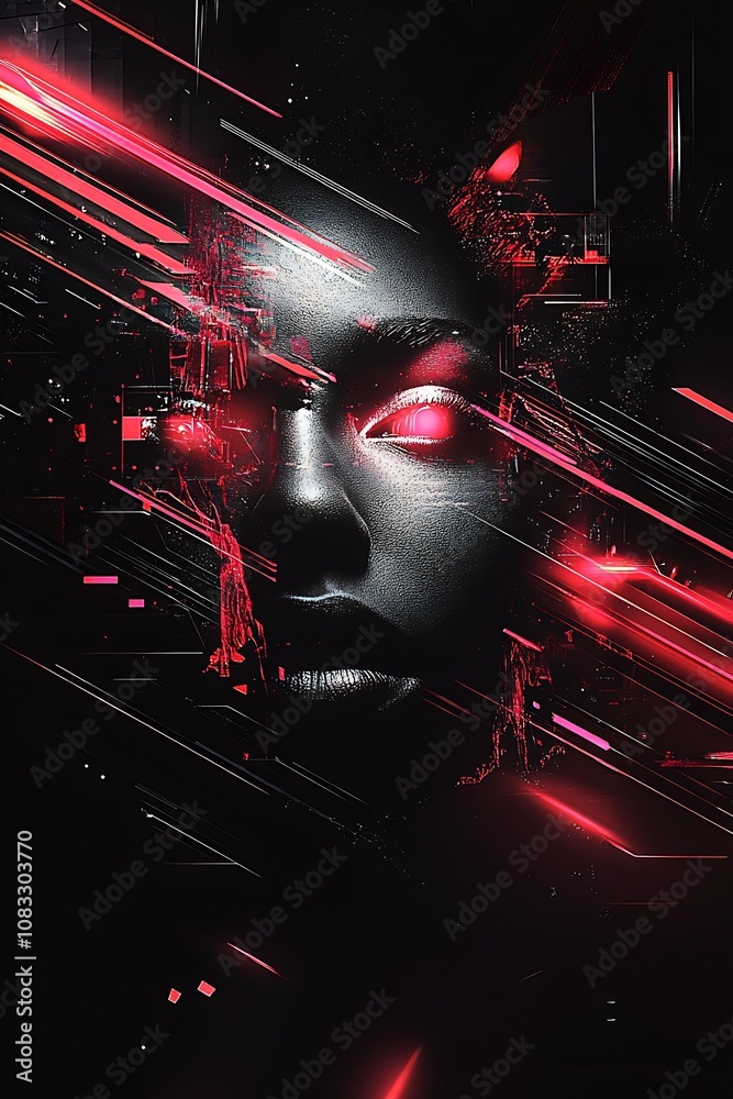 Poster abstract neon portrait with luminous red and black digital effects : generative ai