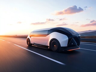 Obraz premium Futuristic autonomous vehicle on open road.