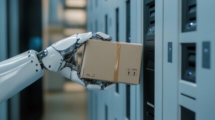 Robot hand placing a box in a storage unit.