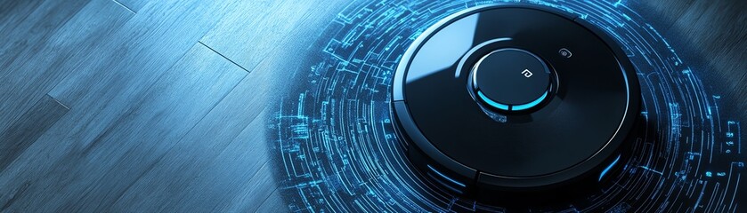 Smart robotic vacuum cleaner on a digital surface.