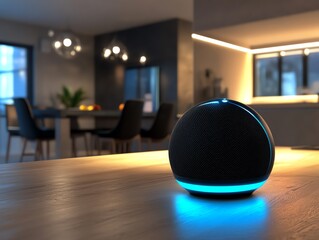 Smart speaker in modern living room setting.