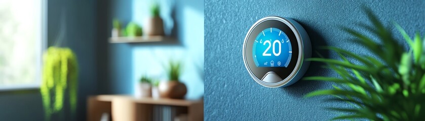 Smart thermostat on a blue wall.