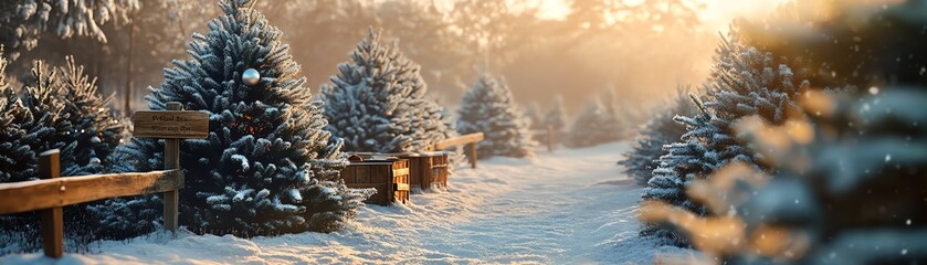 Snowy winter morning with evergreen trees.