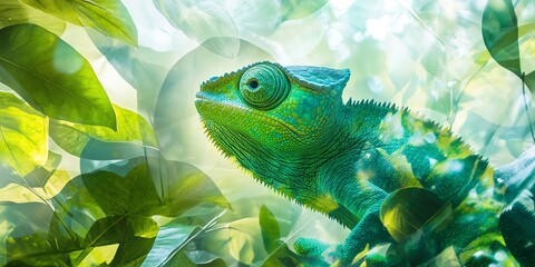 Vibrant chameleon resting among lush foliage.