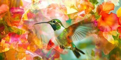 Vibrant hummingbird amidst colorful blooms.