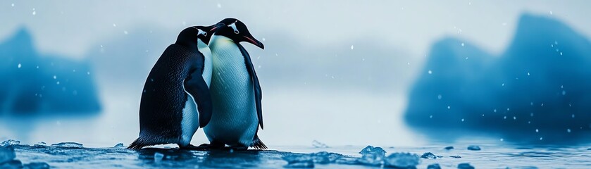 Two penguins embrace on icy landscape.