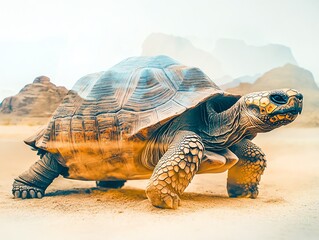 A majestic tortoise walking in a desert landscape.