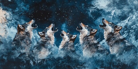 Wolves howling under a starry night sky.