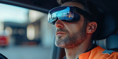 Worker using augmented reality headset in vehicle.