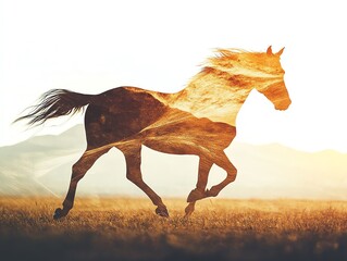 A horse running through a golden field.