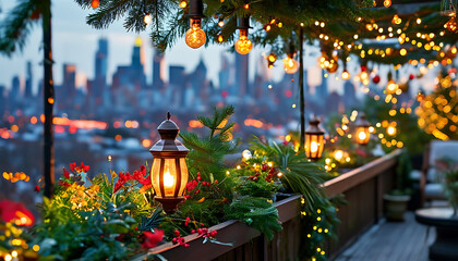 festive rooftop garden adorned with lights and greenery, creating cozy atmosphere
