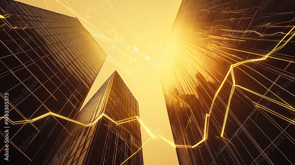 Poster golden skyscrapers against the sky with abstract financial data lines depicting urban growth : gener