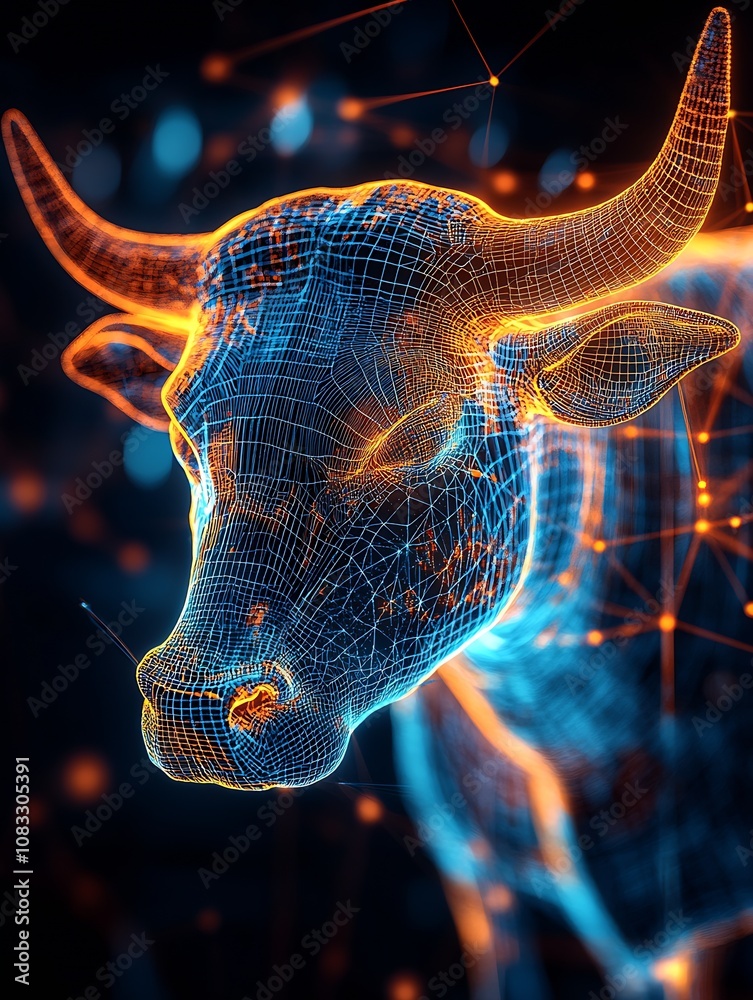 Aufkleber digital art of a bull with neon blue and orange mesh illuminating cyberspace energy : generative ai