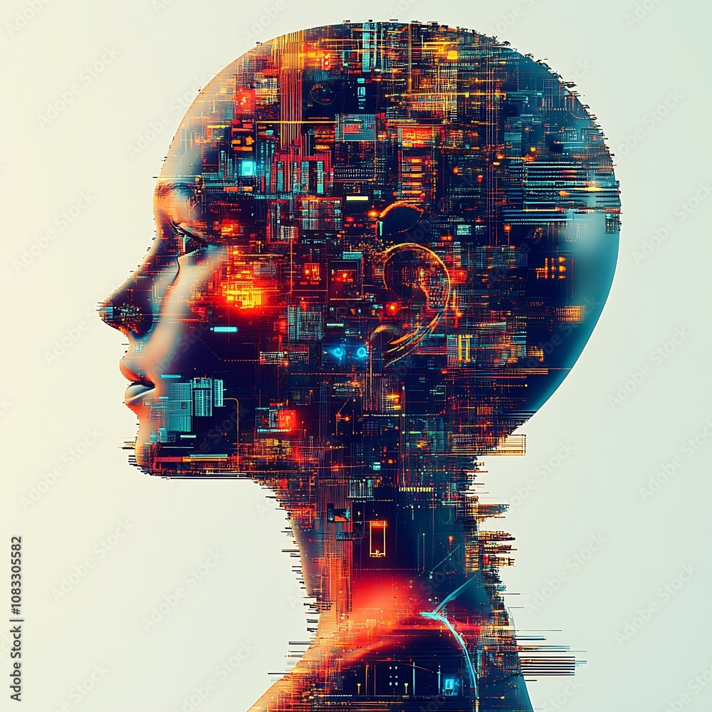 Aufkleber conceptual art of a digital human head filled with circuitry and vivid colors : generative ai