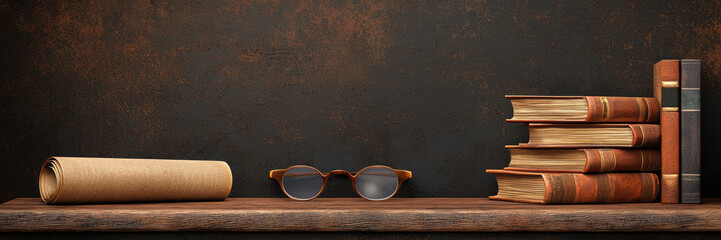 Naklejka premium rustic wooden shelf displays vintage books, rolled parchment, and stylish glasses, creating warm, scholarly atmosphere