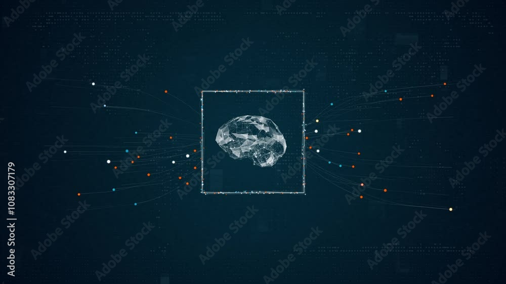Poster motion graphic of blue digital brain ai assistant logo with particles dot spread on abstract backgro