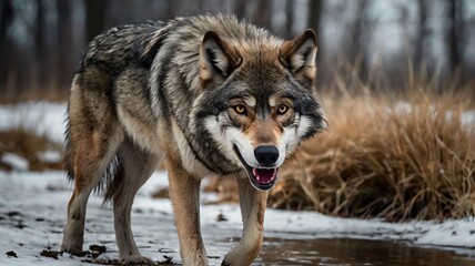 Fototapeta premium A wolf with a fierce expression walks toward the camera with its mouth slightly open.