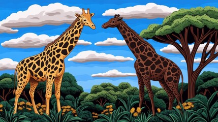 Obraz premium Two Giraffes in African Savanna Landscape Wildlife Art Nature Illustration