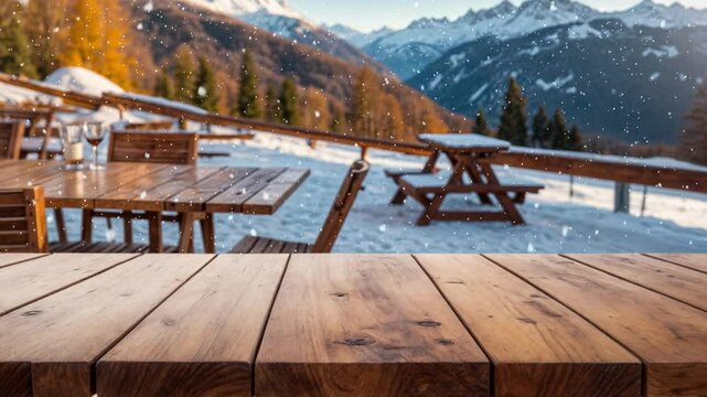 empty wooden table snowy mountain house floor