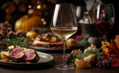 Glass of White Wine on Dining Table with Autumn Decorations, Pumpkins, Gourds, Apples, and Wild Boar or Chicken Roasting for Harvest Celebration