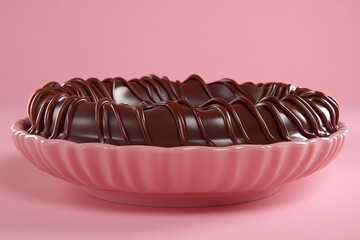 Obraz premium Chocolate covered cream tart with layered topping and glossy drizzle served in a bright pink ceramic dish surrounded by soft pastel lighting for a bold dessert presentation