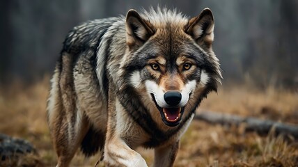 Obraz premium A wolf with a fierce expression walks toward the camera with its mouth slightly open.