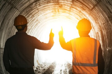 Inspecting tunnel progress construction site professional workers industrial environment back view teamwork concept