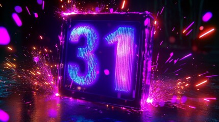 Brightly Lit Neon Display of the Number 31 with Colorful Sparks and Vibrant Effects, Ideal for Celebrations or Special Events in a Digital Art Style