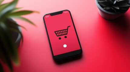 Modern Smartphone Displaying Shopping Cart Icon on Red Background Surrounded by Green Succulent Plants for E-commerce and Digital Shopping Concepts