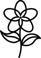 Simple Flower Outline with Two Leaves Illustration, Minimalist black and white outline of a flower with five petals and two leaves, ideal for vector-based decorative or nature-themed designs.  

