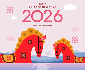 Naklejka premium Happy Chinese New Year 2026 backgrounds, 2026 lunar New Year banners, posters, newsletters, greeting card, postcard, horse Zodiac sign, poster, card template