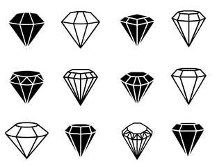 Diamond icon set. Different shapes of diamond cuts. Dimond icon set in flat style. Abstract black diamond collection icons. Gemstone icon set. Diamonds logo