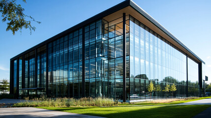 Fototapeta premium Modern glass building with green landscape in sunny daytime