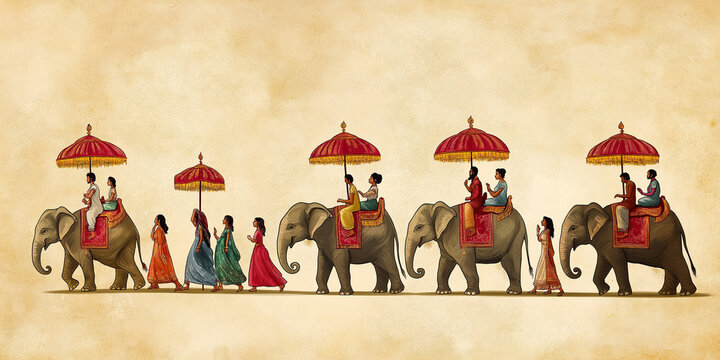 Indian wedding procession with decorated elephants and traditional umbrellas