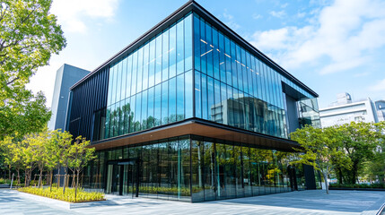 Obraz premium Modern glass building surrounded by greenery on a sunny day in an urban setting